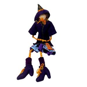 Halloween Witch Shelf Sitter Doll Purple Coat Boots & Socks Trick-or-Treat Bag
